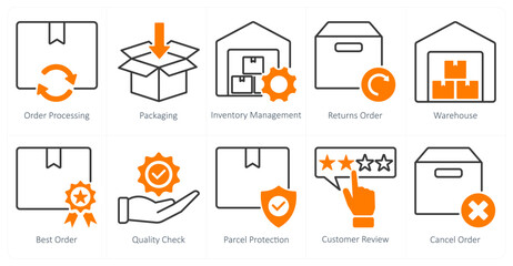A set of 10 shopping icons as order processing, packaging, inventory management