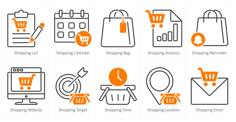 A set of 10 shopping icons as shopping list, shopping calendar, shopping bag