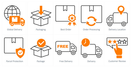 A set of 10 shopping icons as global delivery, packaging, best order