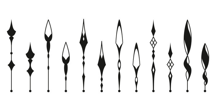 Clock pointer arrows. Black silhouette chronometer elements. Clock arms set. Watch hands, isolated time pointers. Vector cartoon illustration