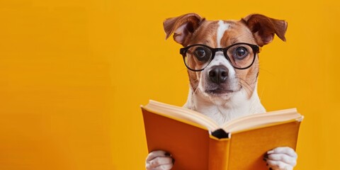 Surprised dog in glasses holding opened book, on yellow background