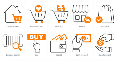 A set of 10 shopping icons as supermarket, favorite cart, grocery