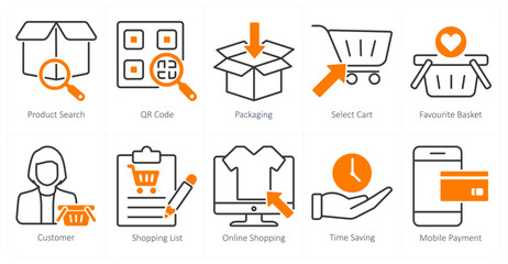 A set of 10 shopping icons as product search, qr code, packaging
