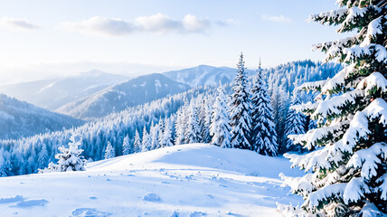 Fototapeta premium Beautiful scenery with a wooden church in a winter forest surrounded by frozen and covered snow trees in a frosty sunny day in Russia