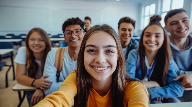 Group of teenagers taking a group selfie in a classroom with their faces blurred, capturing a moment of camaraderie