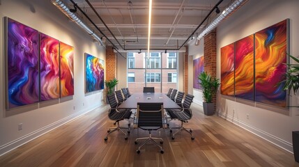 Corporate art gallery within an office setting, displaying abstract and contemporary art to inspire creativity and conversation