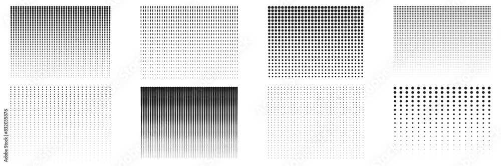 Poster collection of halftone dot pattern background. monochromatic halftone patterns with gradual dot size