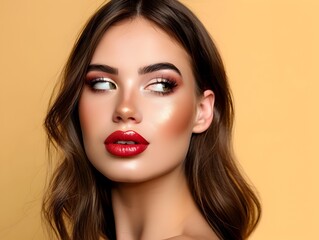 Elegant Model Showcases Stunning Professional Makeup Look on Soft Yellow Backdrop