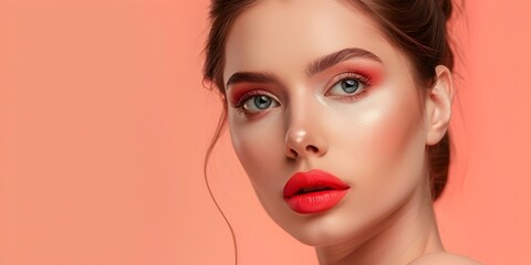 Fototapeta premium Professional Makeup Model Showcases Decorative Cosmetics on Pale Coral Backdrop for Advertising