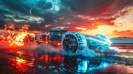 Bathed in the golden light of a futuristic sunset, a car built of fire and ice streaks across the track, smoke billowing from its undercarriage as it executes a perfect drift.