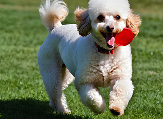 Poodle Dog Picks up Red Frisbee on grass field