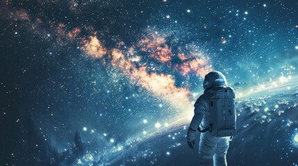 Naklejka premium An astronaut stands beside a large map of the Milky Way galaxy highlighting areas of interest for future exploration.