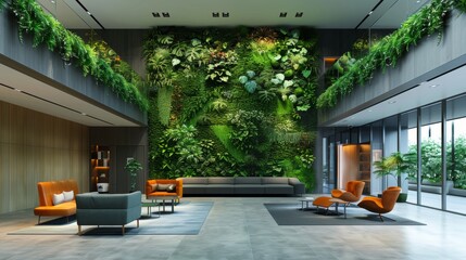 Eco-friendly office design featuring biophilic elements, like indoor plant walls and sustainable materials, promoting wellness and productivity