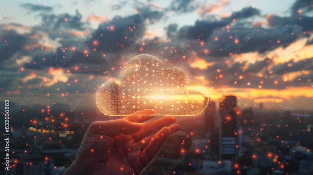 Poster cloud computing concept. hands holding of data protected exchange on sunset city background. network