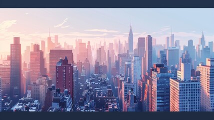 Cityscape background with high-rise office buildings, showcasing a bustling corporate environment from an aerial view