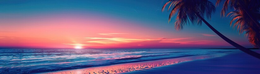 Fototapeta premium An enchanting beach scene at dusk, featuring palm trees silhouetted against a colorful sunset sky