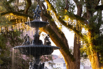 Water cascades down a historic fountain in downtown Natchez, Mississippi, USA.