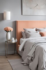 Bedroom in Delicate Peach Fuzz Color Trend 2024 with Panton Furniture and Accent Wall. Modern Luxury Room Interior for Home or Hotel. Empty Warm Apricot Paint Background for Art. 3D Render.