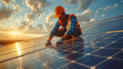Solar power engineer installing solar panels, on the roof, electrical technician at work, alternative renewable green energy generation concept