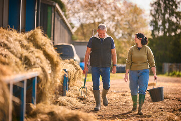 Male And Female Farm Workers Walking Across Yard Past Cattle Barn At Feeding Time