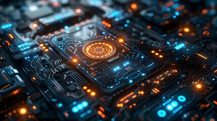 Obraz premium Sleek Futuristic Digital Technology Components Glowing in Cool Blue Hue for Captivating Billboard Advertisement