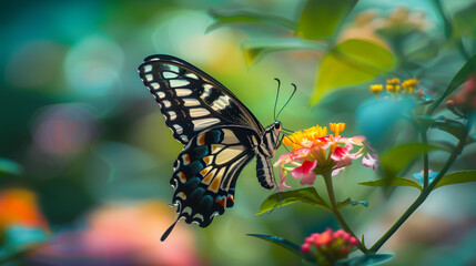 Fototapeta premium A butterfly is eating a flower. The butterfly is black and white. The image has a peaceful and calming mood