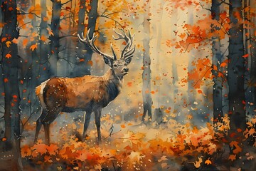 Majestic Stag in Vibrant Autumn Forest Landscape with Watercolor Painting Effect
