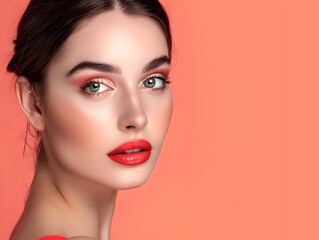 Fototapeta premium Professional Makeup Model Showcasing Decorative Cosmetics on a Plain Coral Background