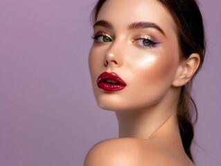 Elegant Model Showcases Stunning Professional Makeup Look on Soft Lilac Backdrop Advertising Banner