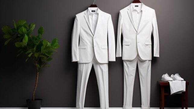 Two white suits hanging on a wall beside a potted plant, set against a stylish background