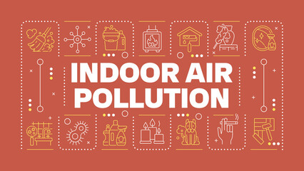 Indoor air pollution red word concept. Home air quality. Dust and allergens. Respiratory health. Horizontal vector image. Headline text surrounded by editable outline icons. Hubot Sans font used