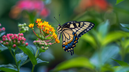 Obraz premium A butterfly is eating a flower. The butterfly is black and white. The image has a peaceful and calming mood