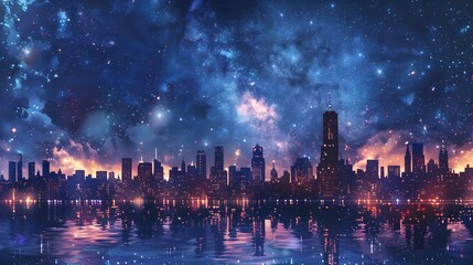 Enchanting Watercolor Cityscape with Starlit Night Sky