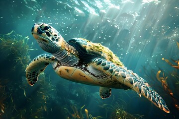 Obraz premium Graceful Sea Turtle Glides Through Vibrant Underwater Ecosystem