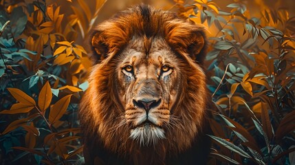 Fototapeta premium Majestic Lion Dominates the Vibrant African Savanna with its Piercing Gaze and Magnificent Golden Mane