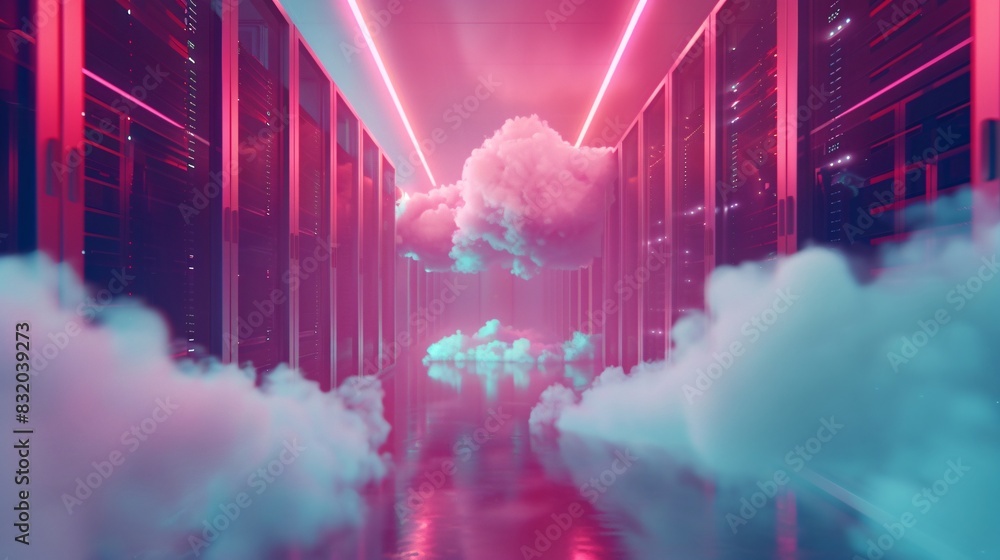 Poster Cloud computing concept with servers in data center 3D rendering toned image, Backup cloud data service center in 3D rendering.