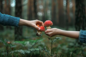 Girls hand holding mushrooms in forest