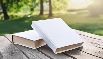Mock-up of two blank white books with hard cover on wooden table, outdoors. Empty template