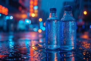 Close up of sparkling water bottles in a vibrant city night scene, creating a refreshing and energetic urban atmosphere