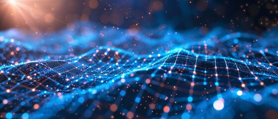 Obraz premium Abstract digital wave with glowing particles in a dynamic blue network, representing data flow, technology, and futuristic concepts.