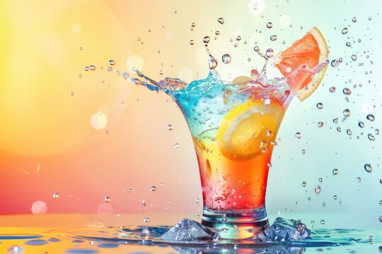 Vibrant Cocktail Splash in Glass Against Colorful Backdrop