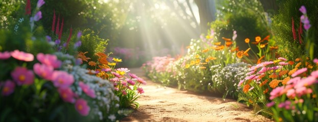 Beautiful garden a path with colorful flowers, dreamy background.