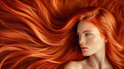 A portrait of a beautiful woman with long wavy red hair.