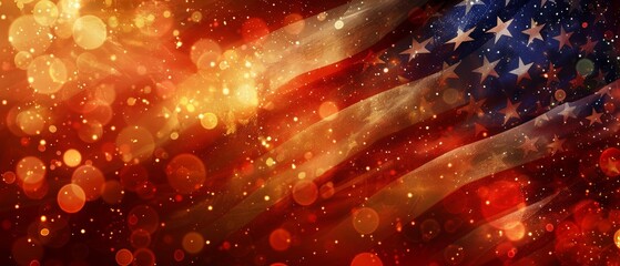 Abstract American flag background with bokeh lighting. Bright colors of red, white, and blue create a vibrant patriotic theme.