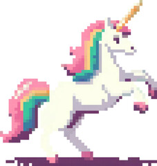An adorable 8-bit pixel art unicorn with a colorful rainbow mane, crafted in a classic retro game style, presented as a charming vector icon isolated without background.
