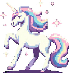 An adorable 8-bit pixel art unicorn with a colorful rainbow mane, crafted in a classic retro game style, presented as a charming vector icon isolated without background.