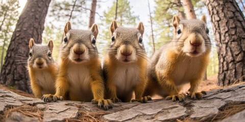 Curious Squirrels in the Forest Posing at Camera. A group of curious squirrels with close-up focus on their faces. © julijadmi