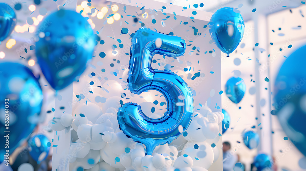 Aufkleber the massive open white box with huge inflatable blue numbers 5 flying out of it along with blue ball