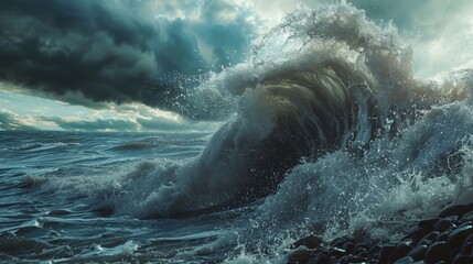 A dynamic wave crashing against a rocky shore portraying the risks and uncertainty of the crypto market.