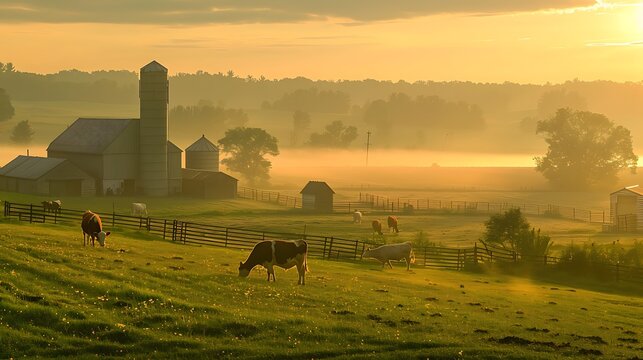 Photograph a serene dairy farm at dawn, with cows grazing in the fields and farm workers starting their day, highlighting the peaceful and pastoral beauty of the dairy farming lifestyle World Milk Day - Powered by Adobe